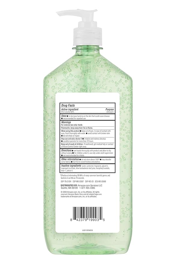 Amazon Basic Care - Aloe Vera Hand Sanitizer 62%, 34 fl oz (Pack of 4)