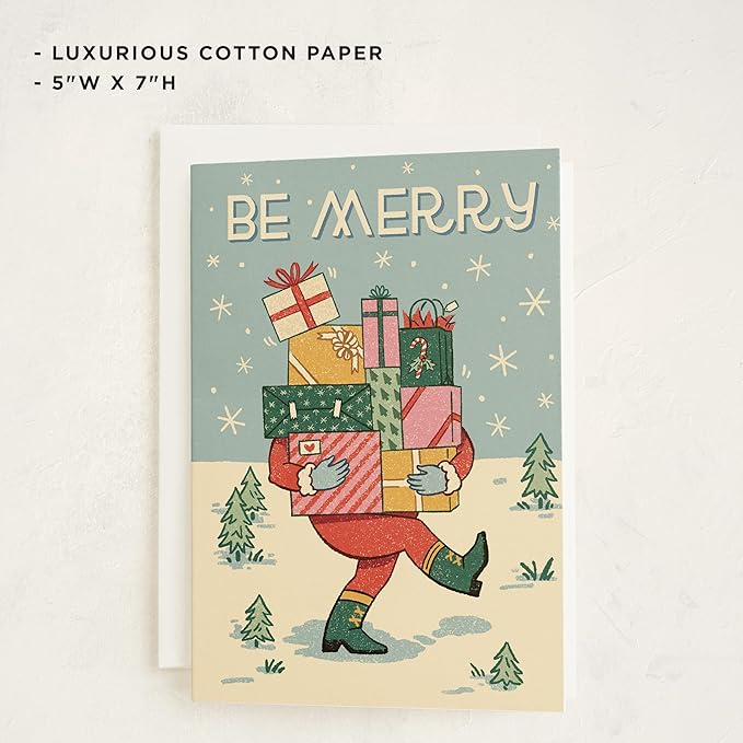 Minted Be Merry Holiday Cards, 8 Cards with Envelopes, Folded 5x7 Christmas Card with Santa Carrying Gift Boxes Illustration, Retro-Inspired Classic Christmas Design, Luxurious Paper, Blank Inside