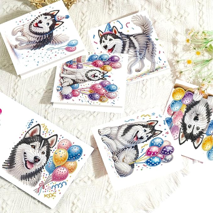 Tontut 6pcs Diamond Art Painting Kit Greeting Card, Balloon Puppy 5D DIY Diamond Handmade Holiday Glitter Greeting Card with Envelope, Holiday Gift Congratulation