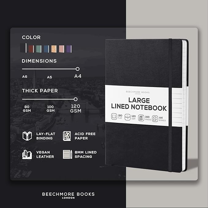 BEECHMORE BOOKS Lined Journal Notebook, 8.5 x 11.5 inch, A4 160 Lined Pages, Hardcover Leather Journals for Women, Men, Writing and Notebooks for Work - 120 GSM Thick Paper, Gifts Box Included