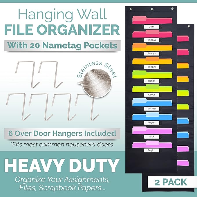 Hippo Creation Storage Pocket Chart for Classroom, 10 Pocket Storage Organizer with 6 Over-Door Hangers, Hanging Wall Organizer for File Folders, School Mailbox, Home Office Papers - Black, 2 Pack