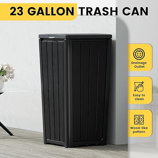 Outdoor Trash Can with Lid, Waterproof Resin Garbage Can with Tiered Lid, Outside Trash Bin for Patio, Kitchen, Backyard or Deck