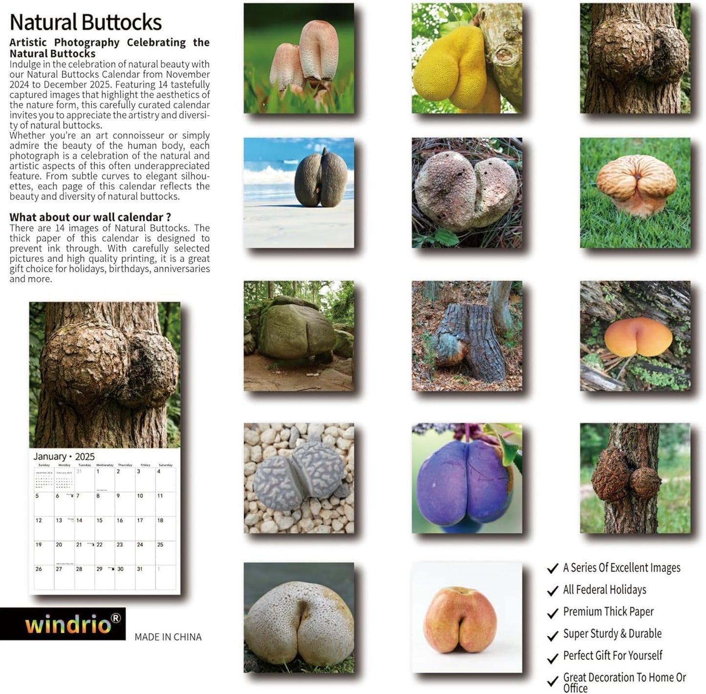 2025 Wall Calendar Funny Natures Dongs, January 2025 - December 2025, Funny Gag Gift for Adults, White Elephant Gift, 12 Months Organizer with D'ck Pics Nature Photos, 12" x 24" Opened