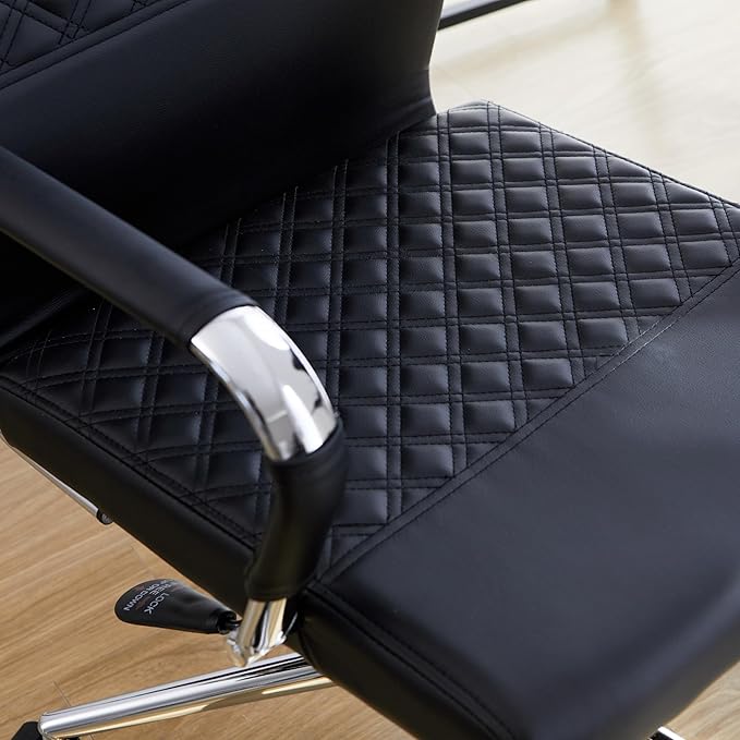 Livinia Modern Executive Office Chair with Patterned Back Design, Chrome & Leather Swivel Chair with High Back, Adjustable Height, Removable Armrests, and Wheels for Home Office (Black(Chrome))