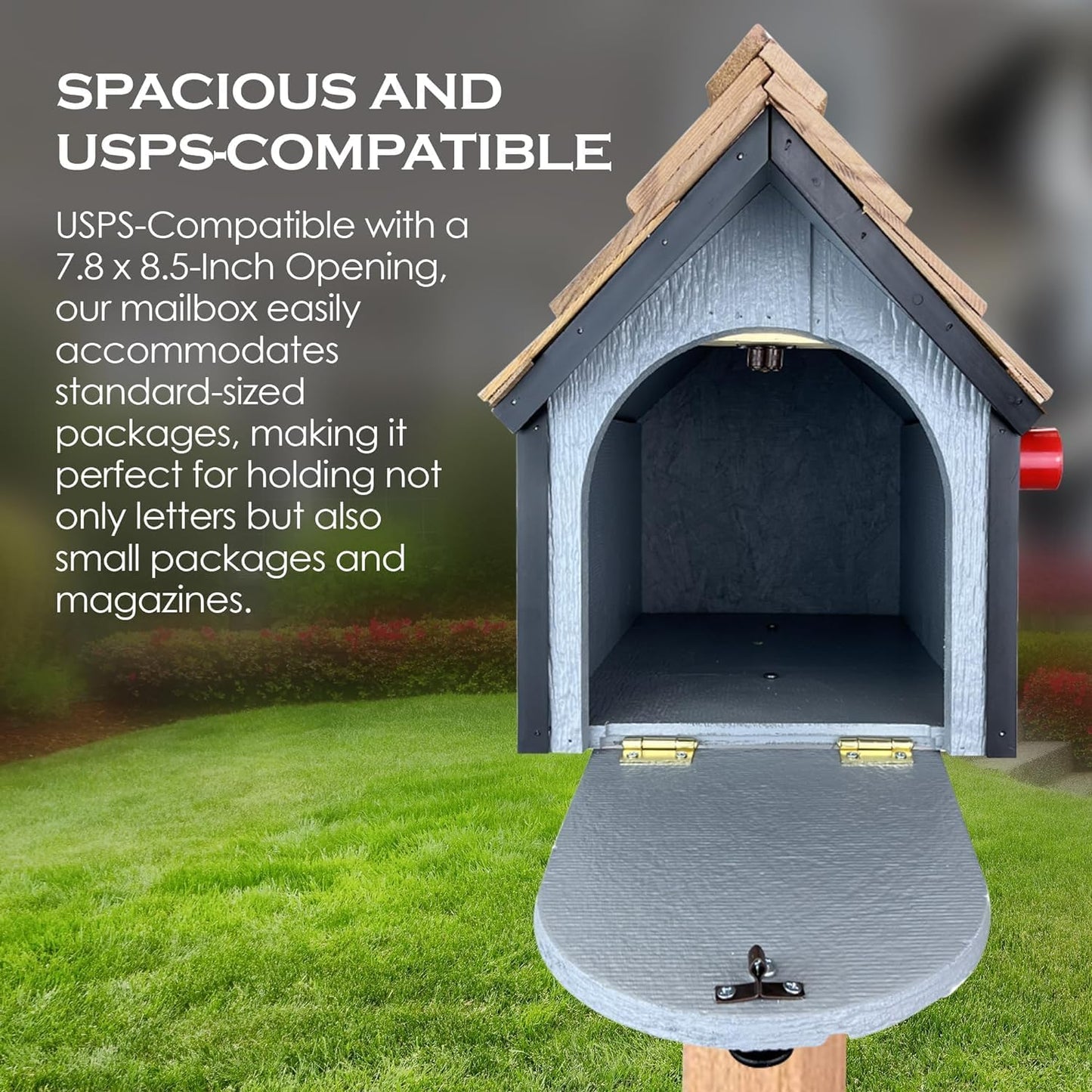 Peaceful Classics Amish Cedar Roof Wooden Mailbox with Window & Door Trim, Handcrafted Mailboxes for Outside, Post Mount Residential Mailboxes - (Brown & White, Wood)