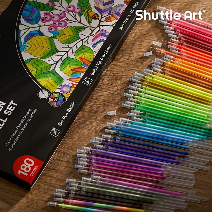 Gel Pen Refills, Shuttle Art 180 Colors (No Duplicates) Gel Pen Refills, 7 Color Types for Kids Adults Coloring Books Drawing Doodling Crafts Scrapbooking Journaling