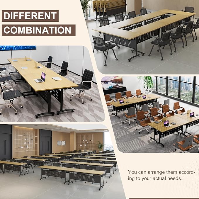 Folding Conference Room Table, Modern Conference Tables with Wheels, Large Rectangular Mobile Training Tables for Office Classroom, Foldable Modular Boardroom Seminar Table Maple (2pack L70.9in)