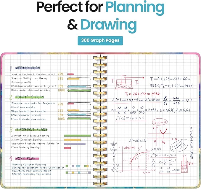 Spiral Graph Paper Notebook Journal for Work, 300 Pages, Thick B5 (7.1"x10") Grid Journals for Women & Writing, Hardcover Notebook for Note Taking, Perfect for Work School Note Taking Business, Color Splash