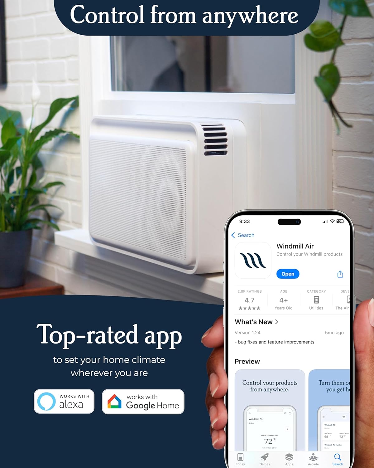 Windmill 6,000 BTU Window Air Conditioner - Quiet & Smart, Cools up to 250 Sq. Ft. - Easy Install No Assembly, App/Wi-Fi, Voice-Enabled, Remote Control