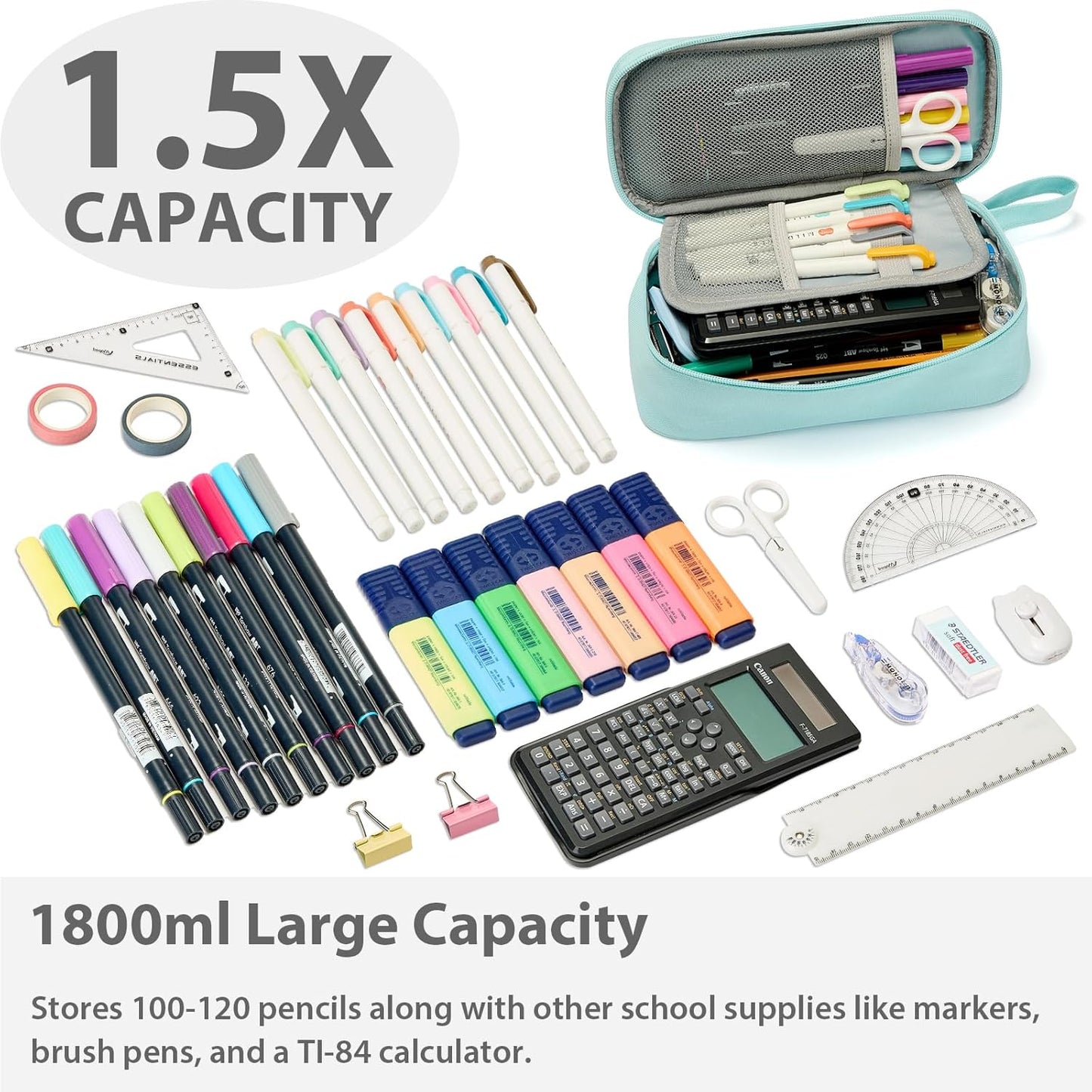 Pencil Case Pouch Box Bag School Supplies Girls Boys Kids, Cute Preppy Stuff Large Big Capacity Aesthetic Pen Organizer, Back to College Stationary, Powder Blue, Classic Stlye, 1800ml