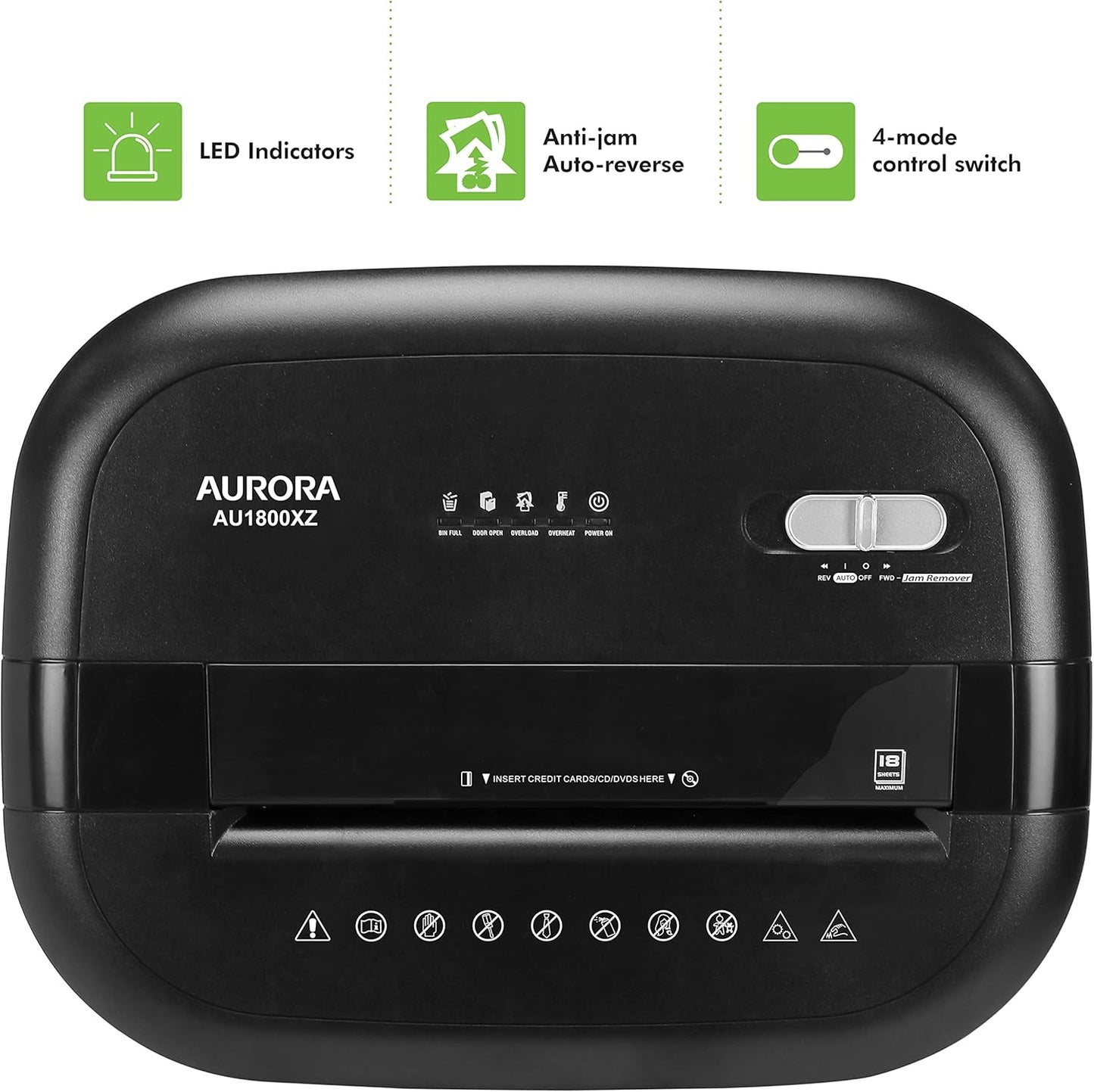 Aurora Long Duty Cycle 18-Sheet Crosscut Paper/CD/Credit Card Shredder, AntiJam Feature, 30-Minute Continuous Run Time, Large 6-gal Pullout Basket