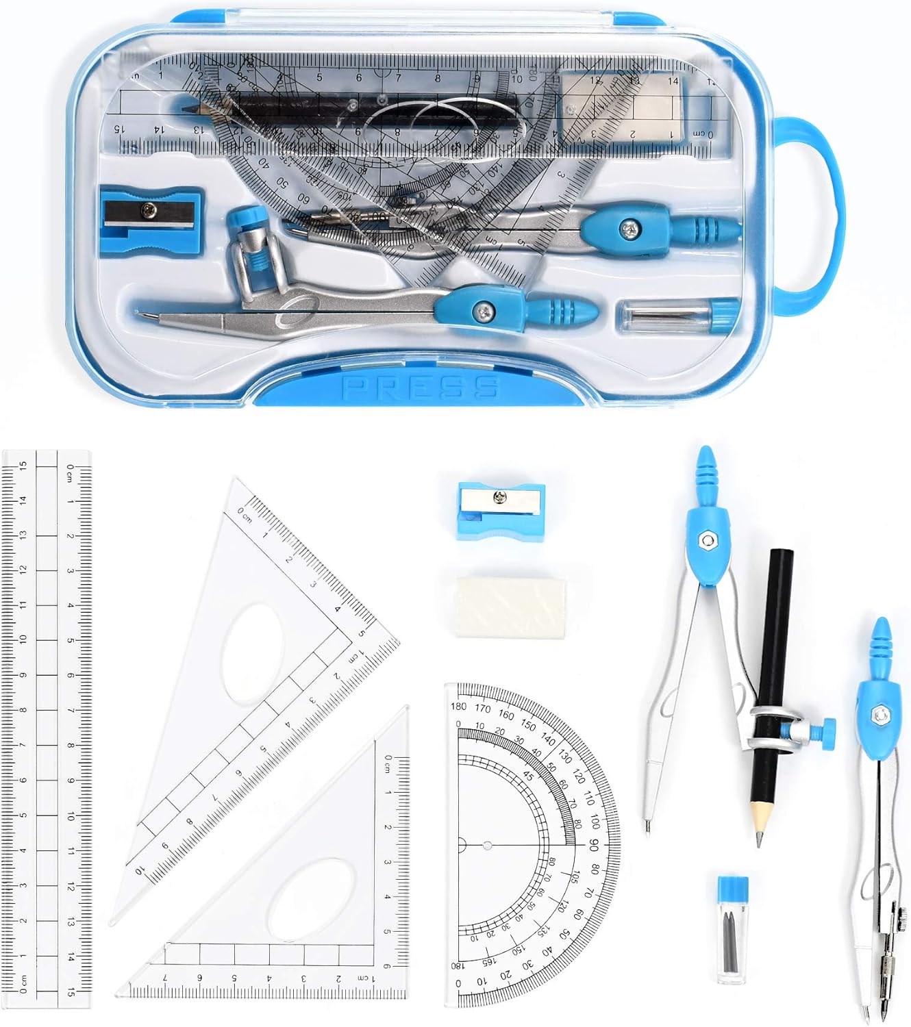 Math Geometry Kit Sets 10 Piece Student Supplies with Shatterproof Storage Box,Includes Rulers,Protractor,Compass,Eraser,Pencil Sharpener,Lead Refills,Pencil,for Drafting and Drawings（Blue）