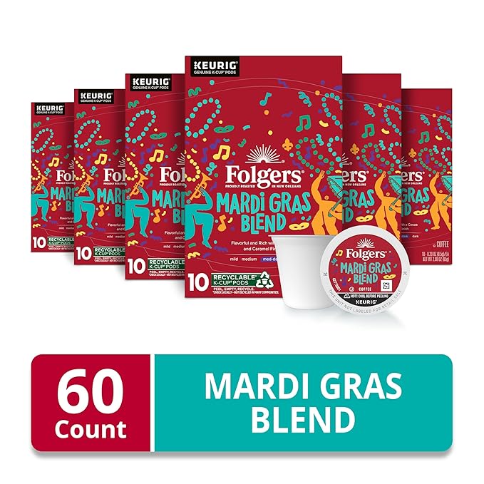 Folgers Mardi Gras Blend Medium-Dark Roast Coffee, Keurig K-Cup pods, 10 Count Box (Pack of 6)
