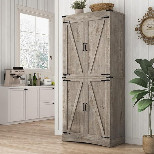 71in Farmhouse Kitchen Pantry Cabinet,Tall Storage Cabinet with 4 Doors and Adjustable shelves,with Load-Bearing Steel Pipe,Wood Storage Cabinets for Kitchen,Dining Room,Bathroom(Light Rustic Oak)