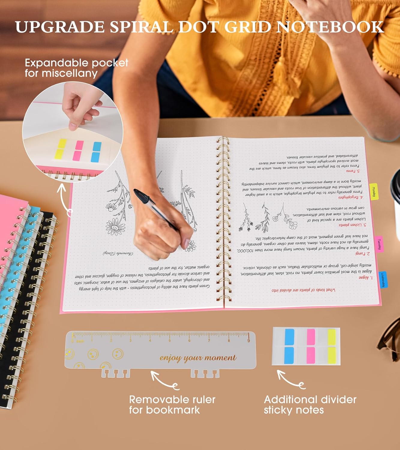 Dotted Notebook, Spiral Notebook Journal 8.5” x 11”, A4 Large Dot Grid Notebooks for Women Men, 100 GSM Dotted Paper, Plastic Hardcover Spiral Bullet Journals for Work School Sketching, Pink