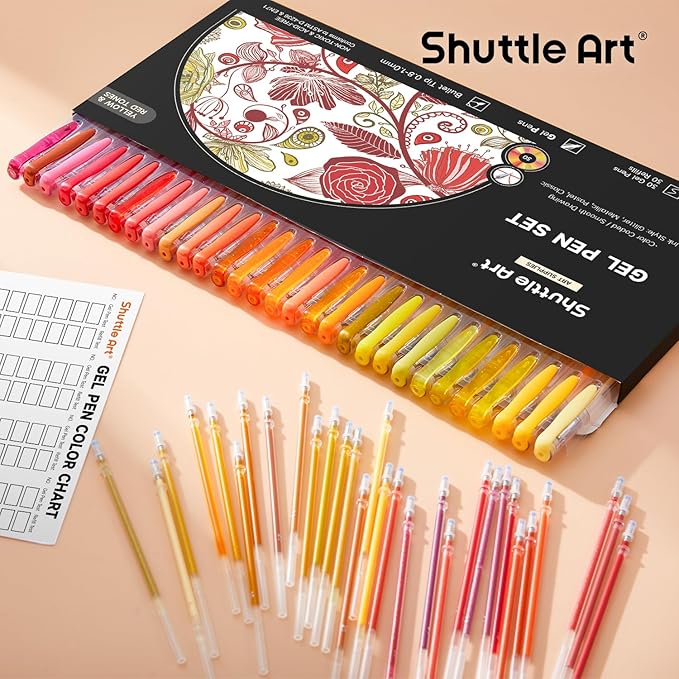 Shuttle Art 60 Pack Red Yellow Tone Gel Pens, 30 Red Orange Yellow Gel Pens with 30 Refills for Adults Coloring Books Journaling Drawing Nature, Landscapes, Animals Scenes