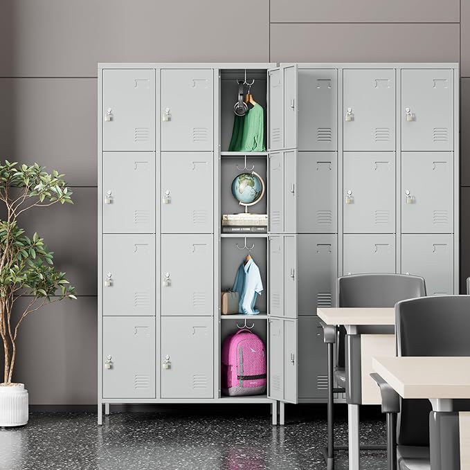 Metal Lockers for Employees with 12 Door & Hooks,Metal Storage Locker with Lock and Card Slot for School Office Garage Gym Bedroom Home,Assembly Required,12 Doors Light Grey
