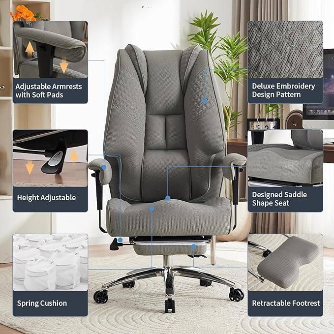 Big and Tall Office Chair 400lbs Wide Seat, Leather High Back Executive Office Chair with Foot Rest, Ergonomic Chairs Lumbar Support for Lower Back Pain Relief (Mesh Light Grey)