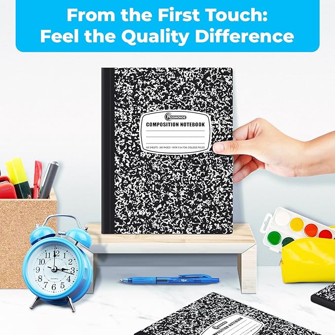 College Ruled Composition Notebooks 5 Pack, 200 Pages (100 Sheets), 9-3/4" x 7-1/2", White & Black Marble Composition Book, Hard Cover, Sturdy Sewn Binding, School, College & Office Supplies