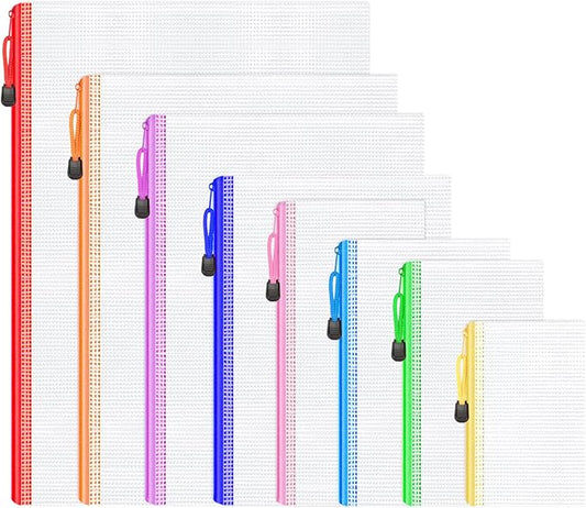 Smarpau 8pcs Zipper Pouch, 8 Sizes 8 Colors Plastic Zipper Bags for Organizing, Multipurpose Waterproof Zip Document Pouches for Office, Travel, Board Game Storage