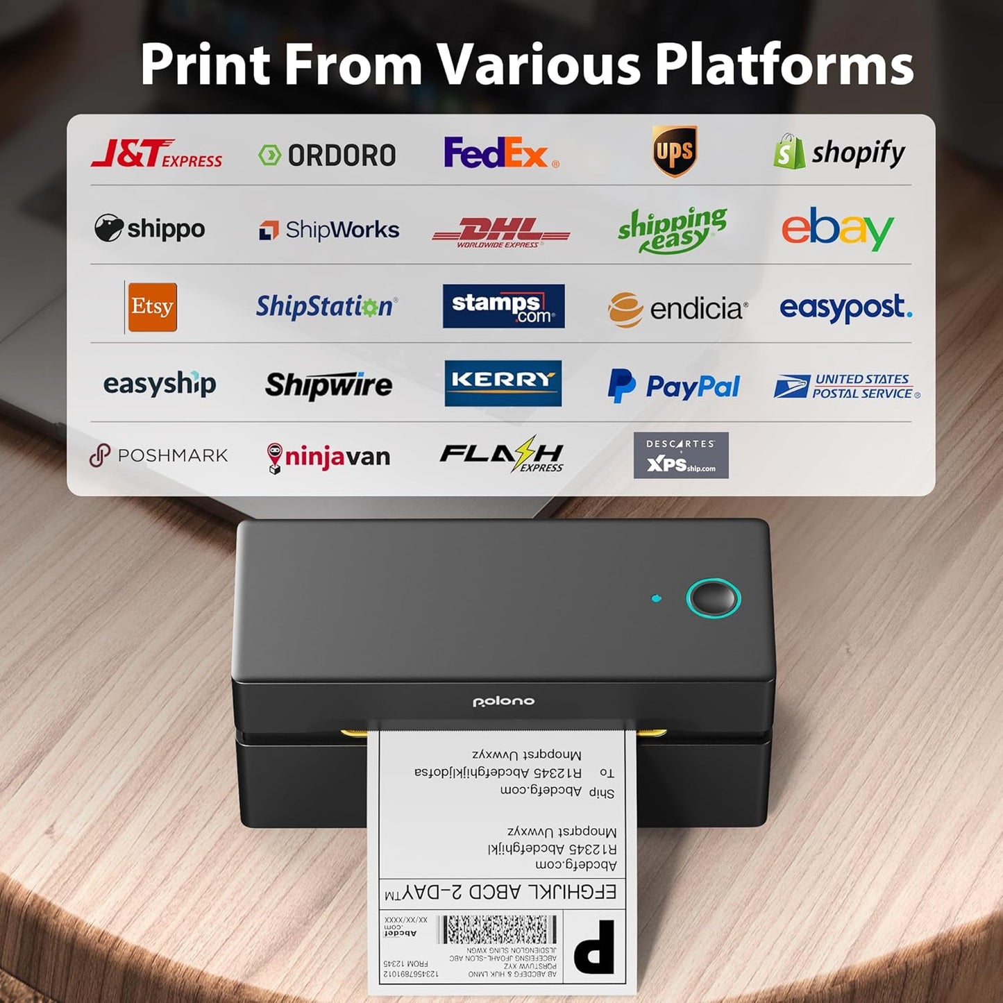 POLONO Bluetooth Thermal Shipping Label Printer, Wireless 4x6 Shipping Label Printer for Small Business, Support iOS, Android, Windows and Mac, Compatible with Amazon, Ebay, Shopify, Etsy, USPS(Brown)