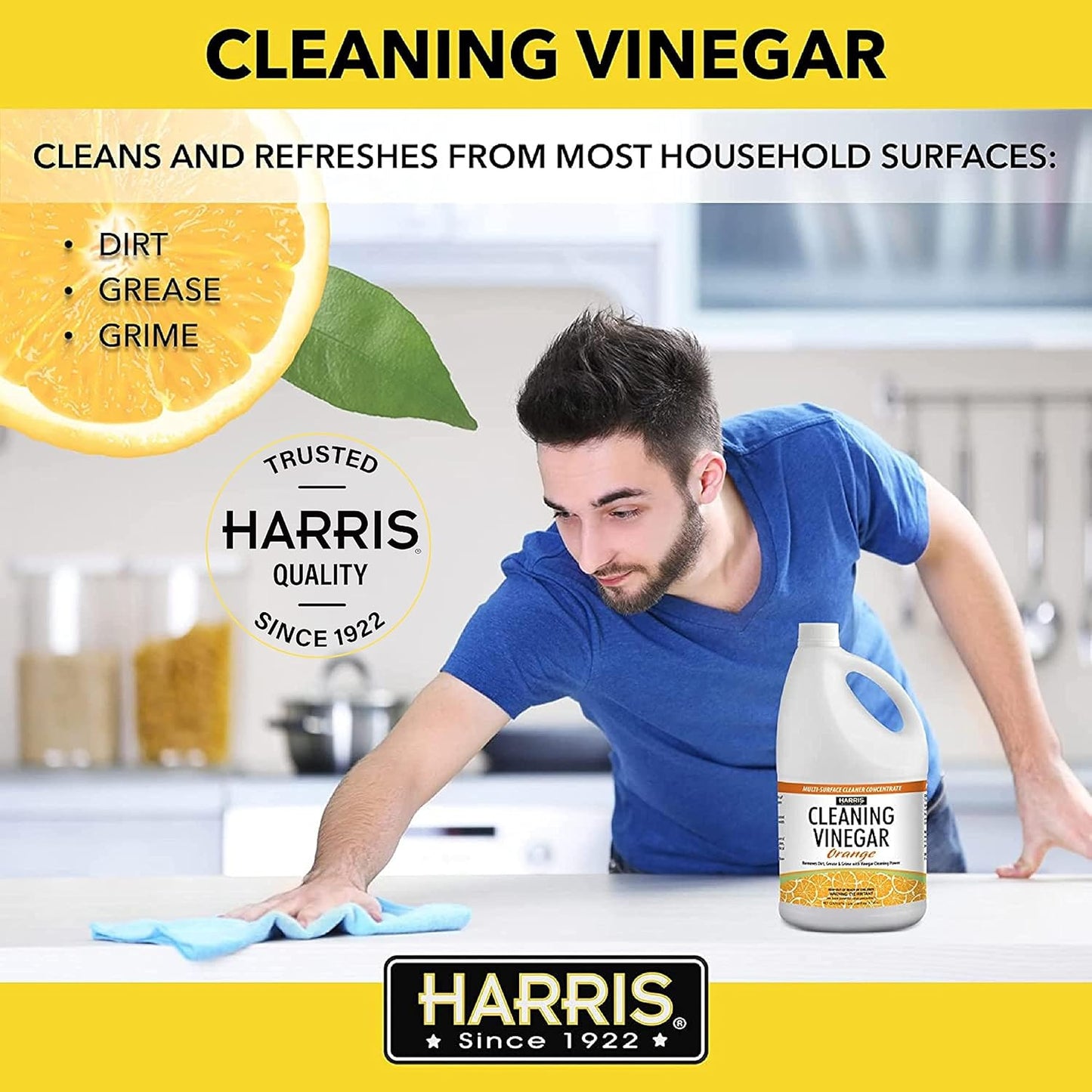 HARRIS Cleaning Vinegar All Purpose Household Surface Cleaner, 128oz (Orange) with Easy Pour Funnel Included