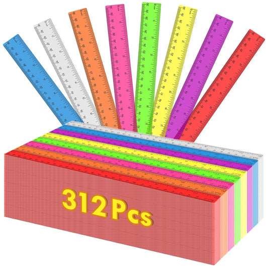 312 Pack Plastic Ruler Bulk, 12 Inch Plastic Ruler in Assorted Colors, Clear Rulers with Inches and Centimeters, Transparent Rulers Bulk for Kids Back to School, Classroom, Office, Home Supplies