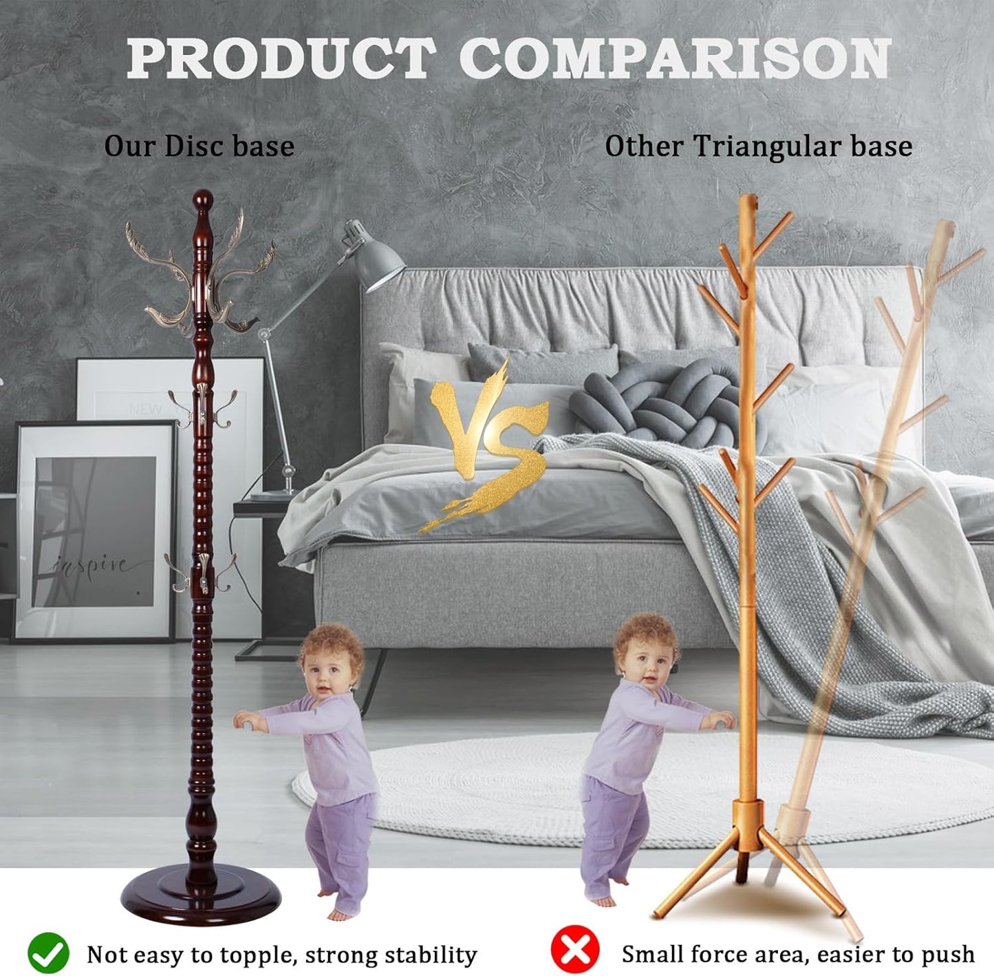 Coat Racks FreeStanding with 14 Hooks, Natural Wood Coat Rack with Solid Round Base, Adjustable Height Coat Racks, Easy Assembly for Hallway, Bedroom and Office (Reddish Brown-Metal Hook)