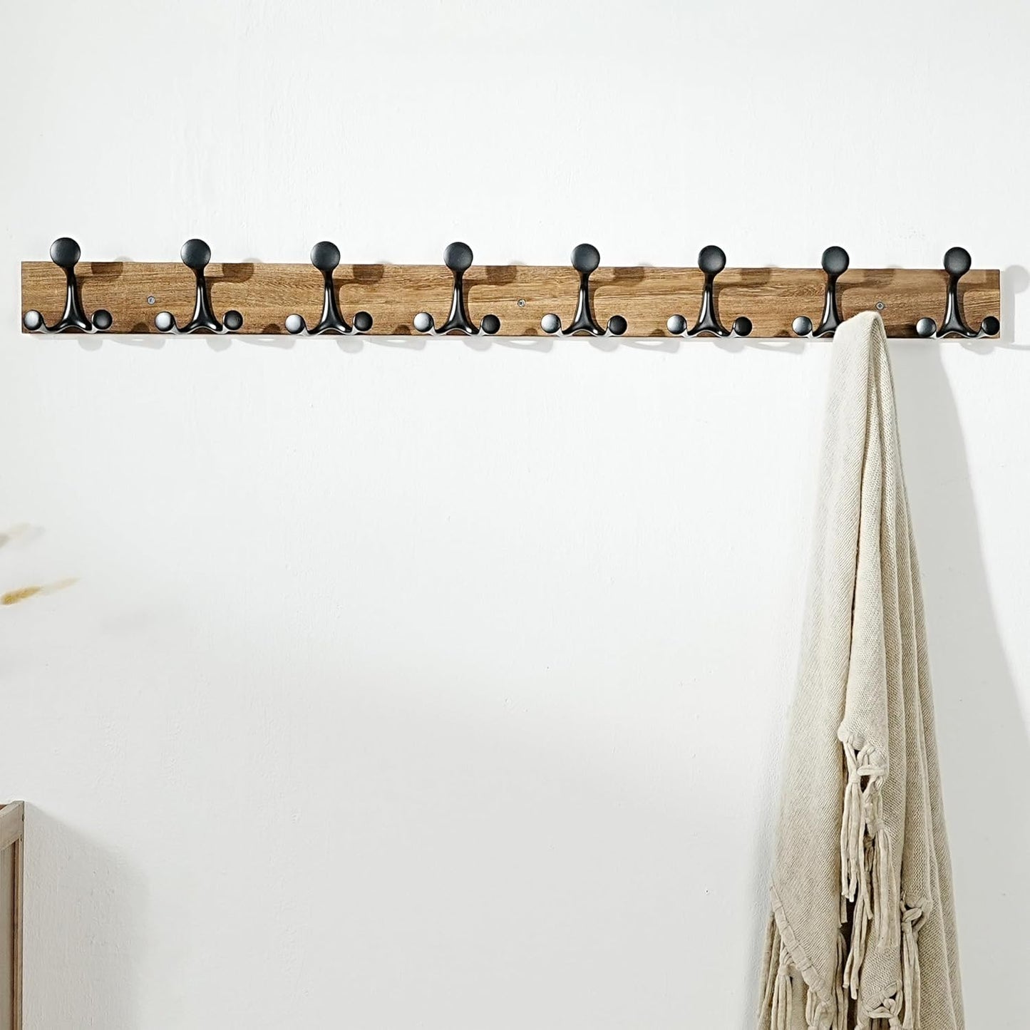 SKOLOO 43-Inch Wood Burnt Coat Rack Wall Mount with 8 Triple Hooks - Ideal for Family Entrances, Classrooms, and Pet Supplies Storage - Perfect Coat Hooks for Wall