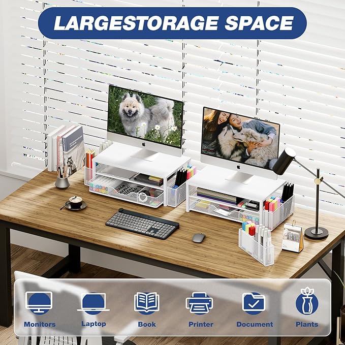 Desk Organizers and Accessories, 2-Tier Computer Monitor Stand Riser with Drawer and 2 Pen Holders, Laptop Stand, Office Desk Accessories for Office Supplies, White