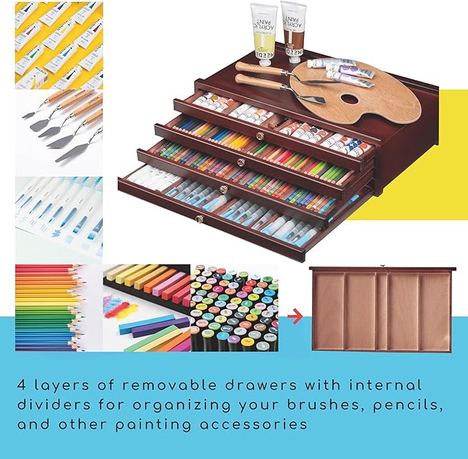 MEEDEN 4-drawer Wood Artist Supply Storage Box, Portable Beechwood Multifunctional Pencil Brush Organizer Wood Box with Drawer&Compartments for Pastels, Pencils, Pens, Makeup Brushes(Mahogany Color)