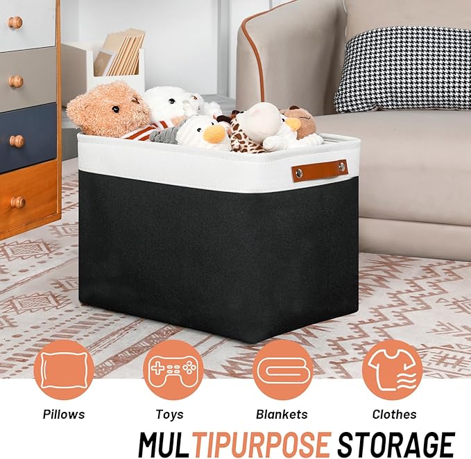 DULLEMELO Large Storage Baskets Fabric Storage Bins, Canvas Storage Basket for Shelf Toys, Decorative Large Storage Bins with Handle for Baby Gift(White&Black)