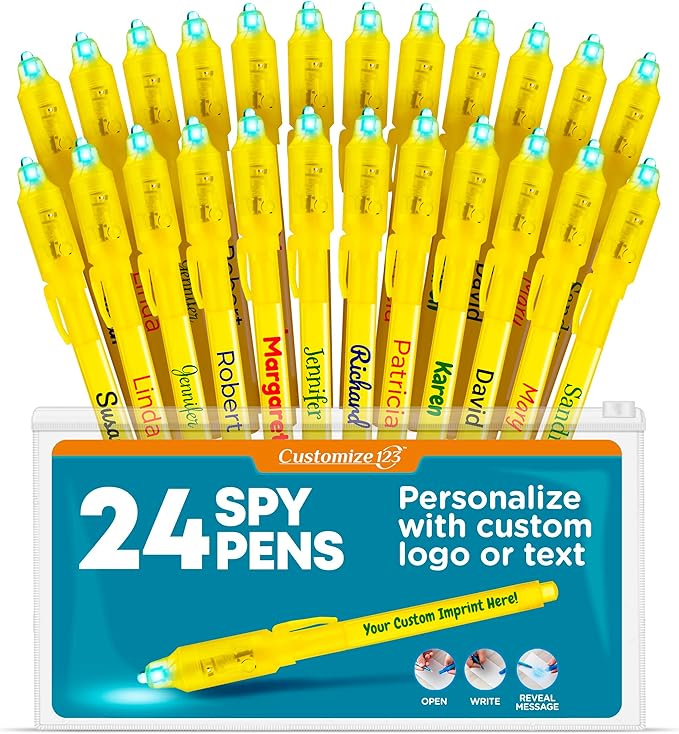 Personalized Invisible Disappearing Ink Pen Marker Pack, Custom Secret Spy Message Writer with UV Light, Fun for Kids Party Favors Gifts and Stock Stuffers, 24 Pack, Yellow