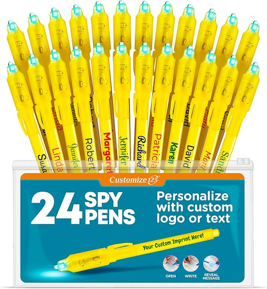 Personalized Invisible Disappearing Ink Pen Marker Pack, Custom Secret Spy Message Writer with UV Light, Fun for Kids Party Favors Gifts and Stock Stuffers, 24 Pack, Yellow