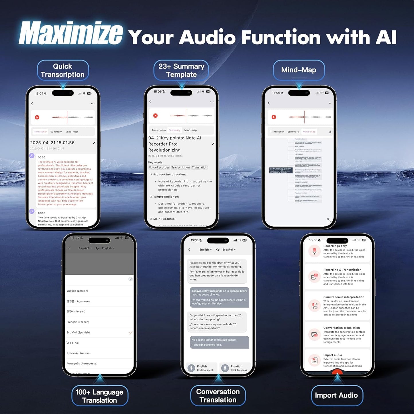 AI Voice Recorder,64GB Note Voice Recorder with Real-Time Transcribe & Summarize & Translation Powered by ChatGPT, Digital Recorder Translator Device with App Control for Lectures, Meetings, Calls