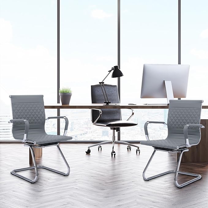 Office Guest Reception Chairs Set of 4 - Modern PU Leather Mid Back Conference Room Chairs for Waiting Room, Desk - Grey