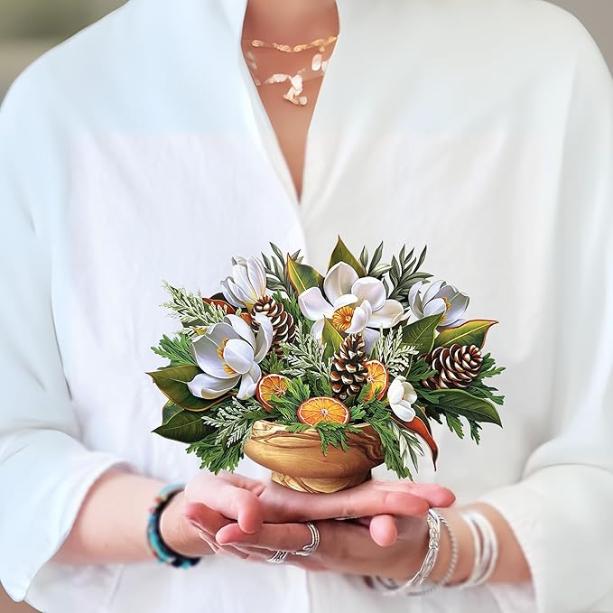 Freshcut Paper Pop Up Cards, Mini Winter Magnolia, 6 Inch Mini Sized Forever Flower Bouquet 3D Popup Greeting Card, Christmas Cards, Holiday Card, Blank Notecard & Envelope