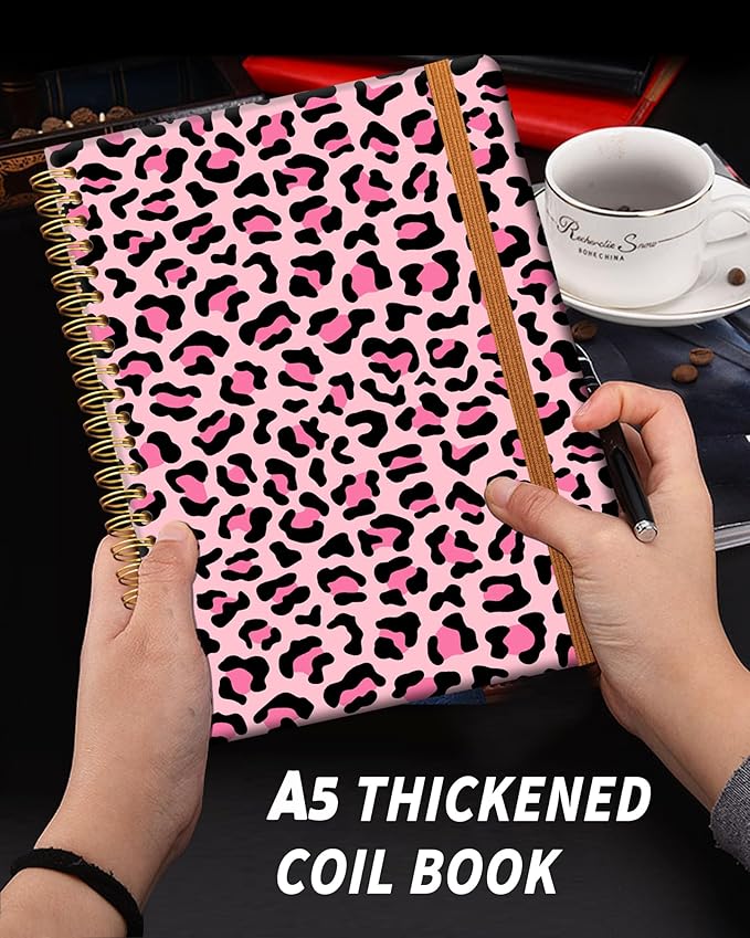 Ruled Spiral Writing Notebook,A5 Hardcover Lined College Journal for Women Lady,Fashion Puppy Watercolor Strong Twin-Wire Binding with Premium Paper,8.4" X 6",Perfect for School,Office,Home Gifts(Pink Leopard)
