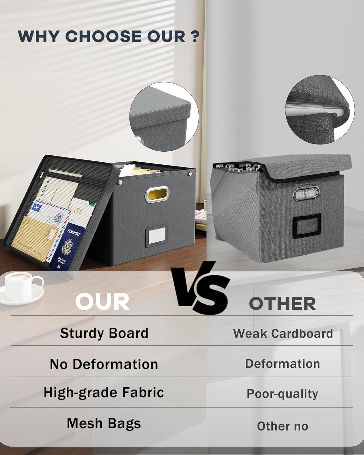 Oterri File Organizer Box with Lid,Large Hanging Filing Box with Mesh Pocket, Document Organizer for Letter Files, Portable Storage Case with Smooth Sliding Rail for Office&Home (1 PCS, Dark grey)