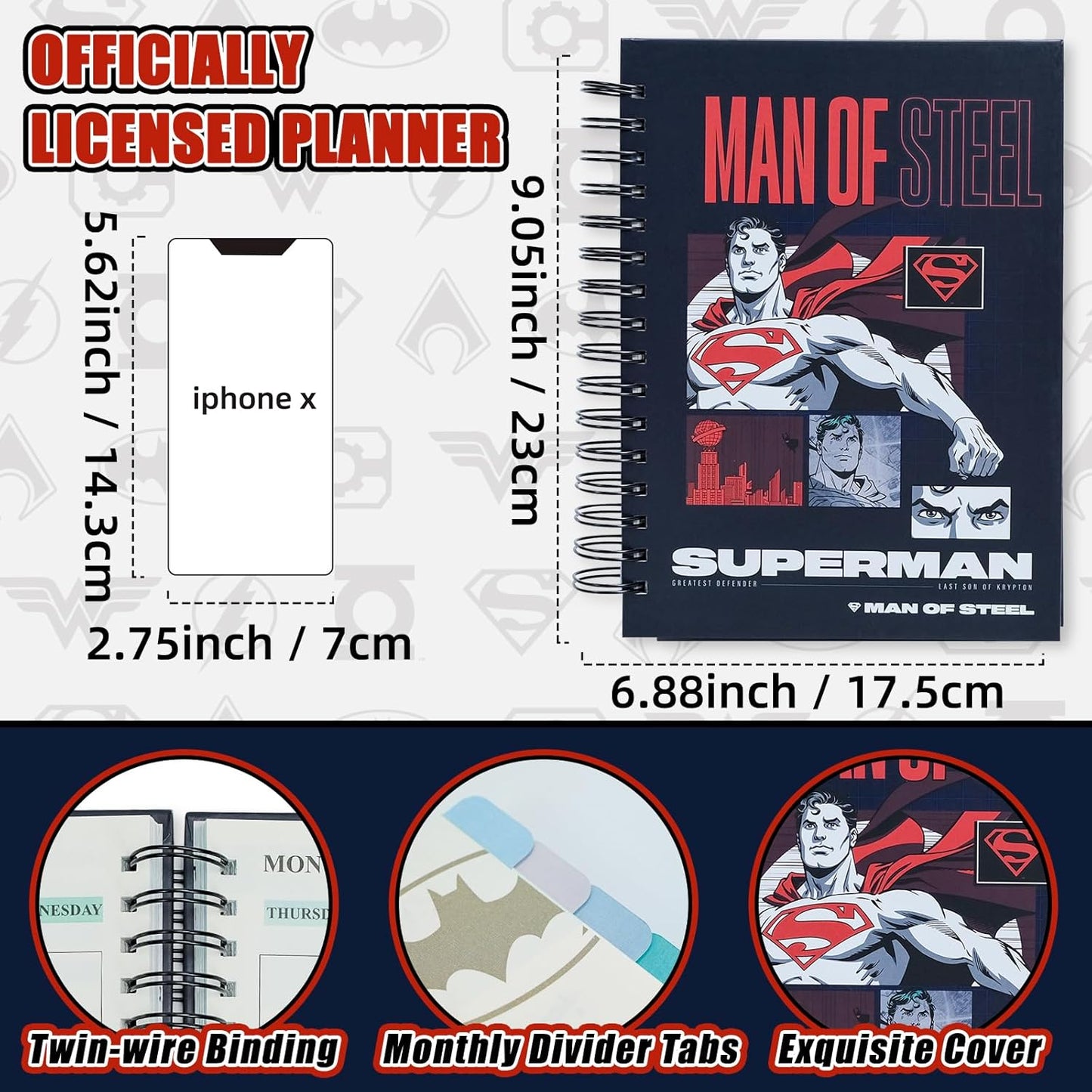 Hero Academic Planner, Weekly Monthly Daily Agenda, Custom Date Organizer for Time Management, Spiral Bound Notebook with Colorful Tabs,Datebooks for School Office Home(Navy Red)