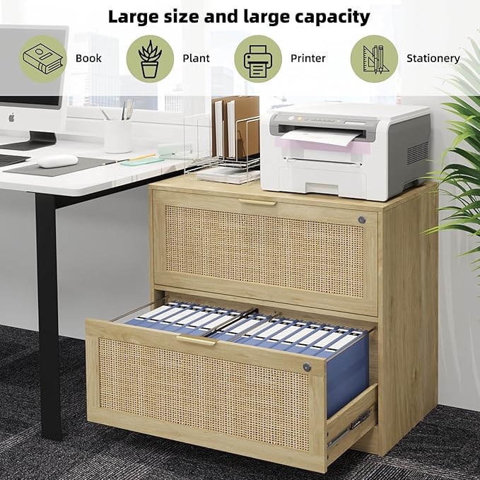 HOPUBUY 2 Drawer File Cabinet with Lock, Printer Stand Lateral Filing Cabinets for Home Office and School, Wood Rattan File Cabinet for Hanging Files/Letter/Legal/A4/F4 Size, Oak