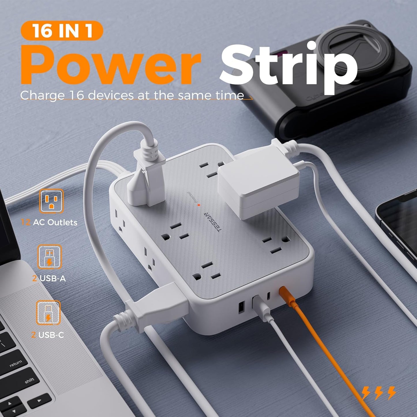 TESSAN Extension Cord 10 ft Surge Protector Power Strip, 12 Outlet Extender with 4 USB (2 USB C), 1800 Joules Protection, Flat Plug, Flat Extension Cord with Multiple Outlets, for Home, Office, Dorm