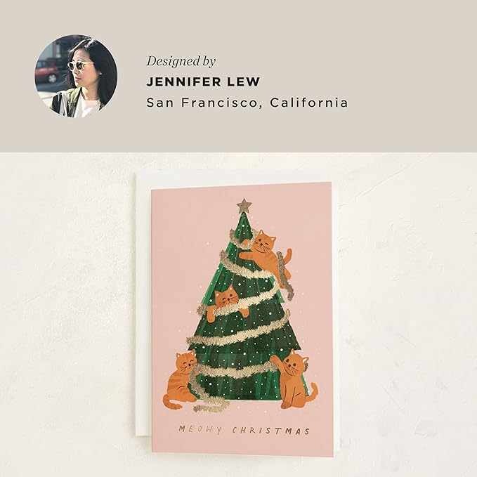 Minted Meowy Christmas Cards, 8 Cards with Envelopes, Folded 5x7 Holiday Card with Tinsel, Star & Playful Cats and Christmas Tree Design, Gold Foil-Pressed, Luxurious Paper, Interior Message Included