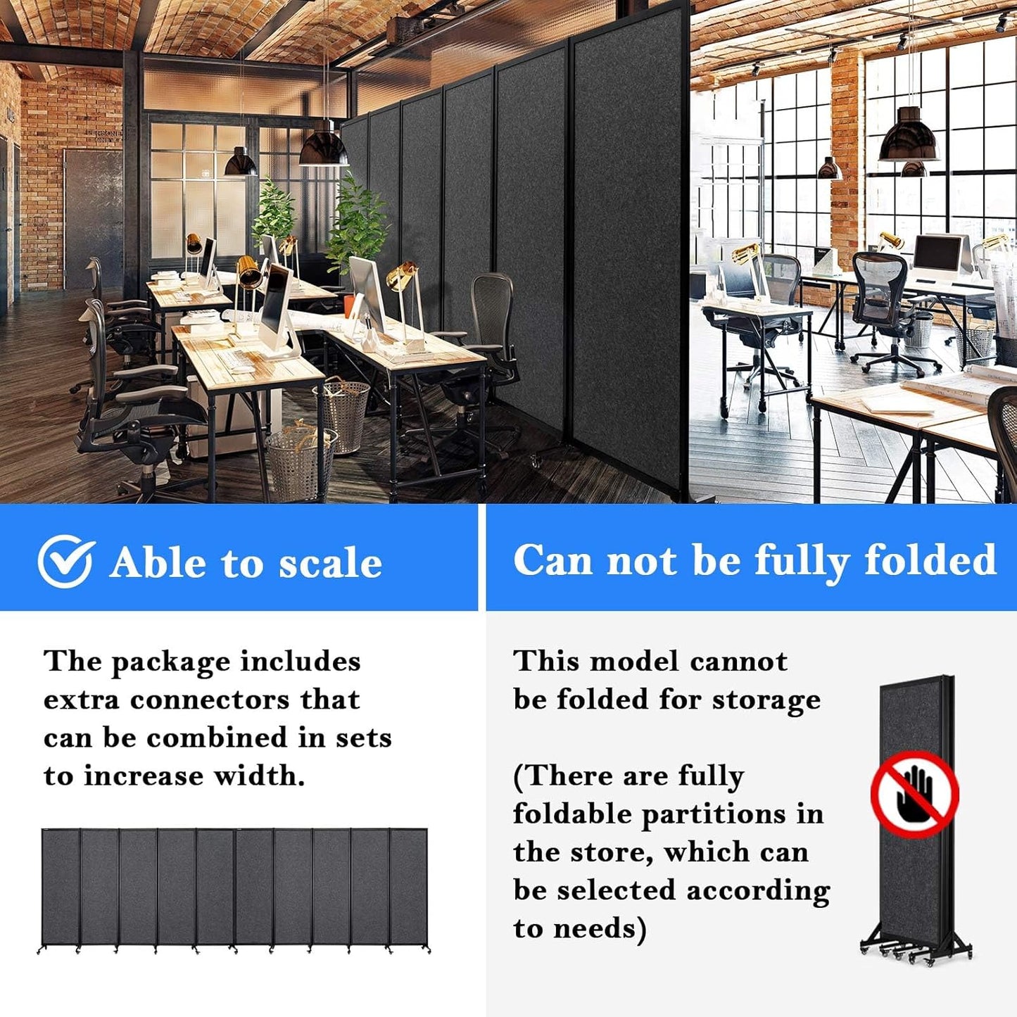 Upgrade Version Room Partition and Divider, Freestanding Rolling Dividers with Wheels,Office Privacy Screen Divider Wall,Classroom Felt Dividers,8'2"L* 6'7"H,4 Panel，Dark Grey