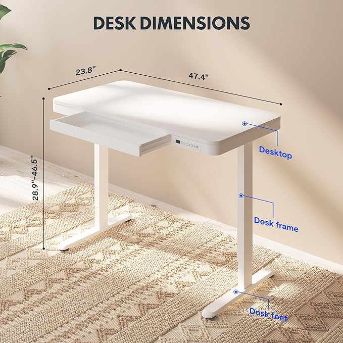 FLEXISPOT Comhar Electric Standing Desk with Drawers Charging USB A to C Port, Height Adjustable 48" Whole-Piece Home Office Computer Laptop Table with Storage (White Top + Frame)
