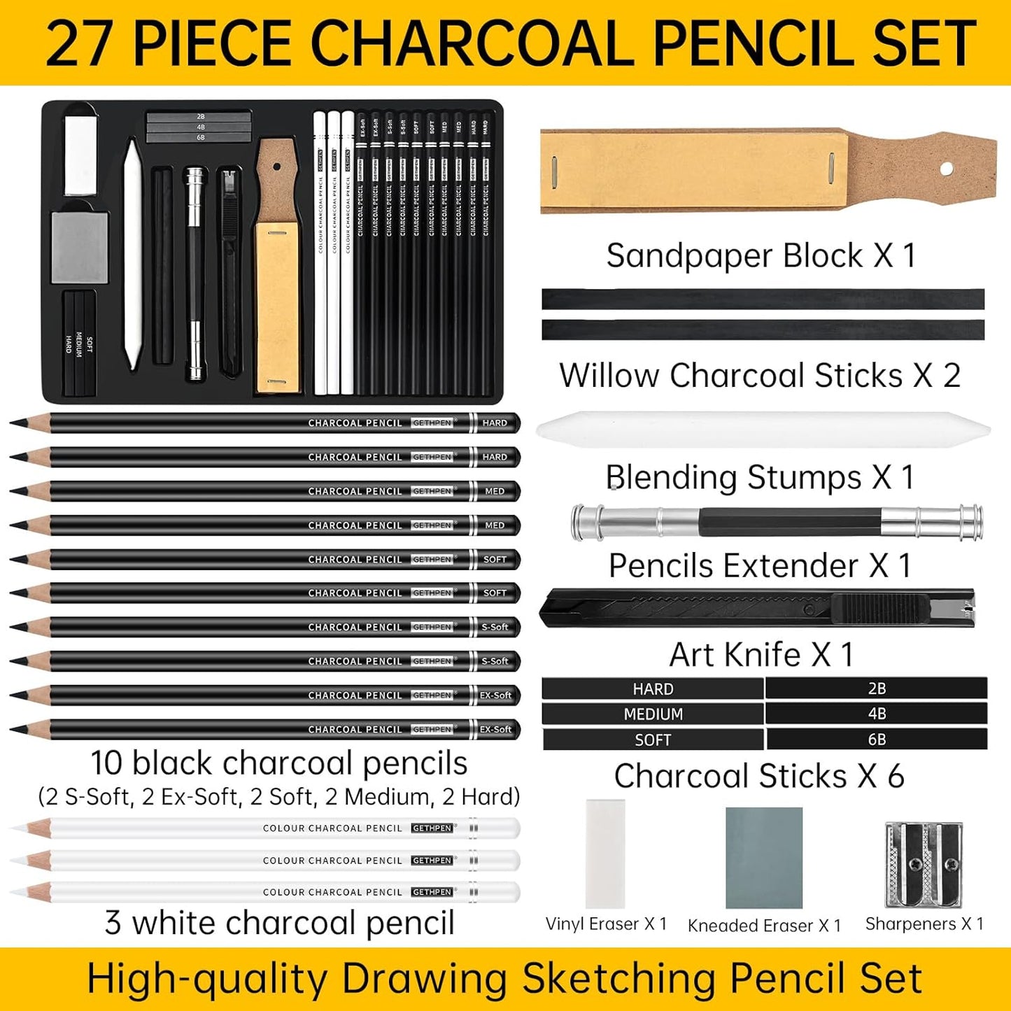 27 Piece Charcoal Drawing Set - Professional Black & White Charcoal Pencils for Sketching, Shading & Blending, Graphite Sticks with Artist Art Supplies Kit (Beginners & Professionals)