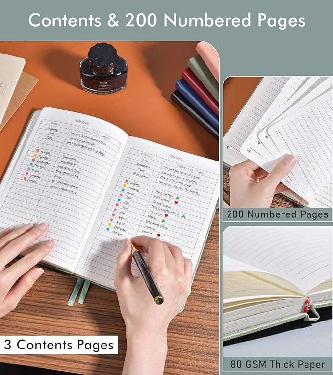 Lined Journal Notebook for Men Women, 200 Numbered Pages Leather Hardcover Journal with Pen, A5 Journaling Notebooks, Thick Paper College Ruled Journals for Writing Work Business 5.75'' X 8.38'' Green