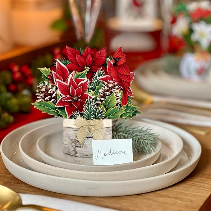 Freshcut Paper Pop Up Cards, Mini Birch Poinsettia (Set of 2), 6 Inch Mini Sized Forever Flower Bouquet 3D Popup Greeting Card, Christmas Cards, Holiday Card, Blank Notecard & Envelope
