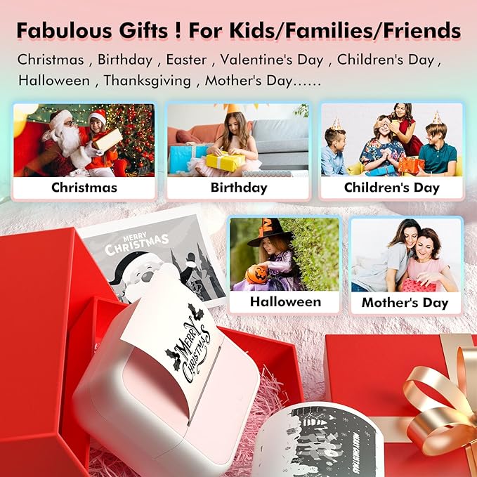 Mini Printer Sticker Printer Bluetooth for Phone Portable Thermal Print for Photo,Note,Journal,Memo,with 6 Rolls Thermal Paper（White）