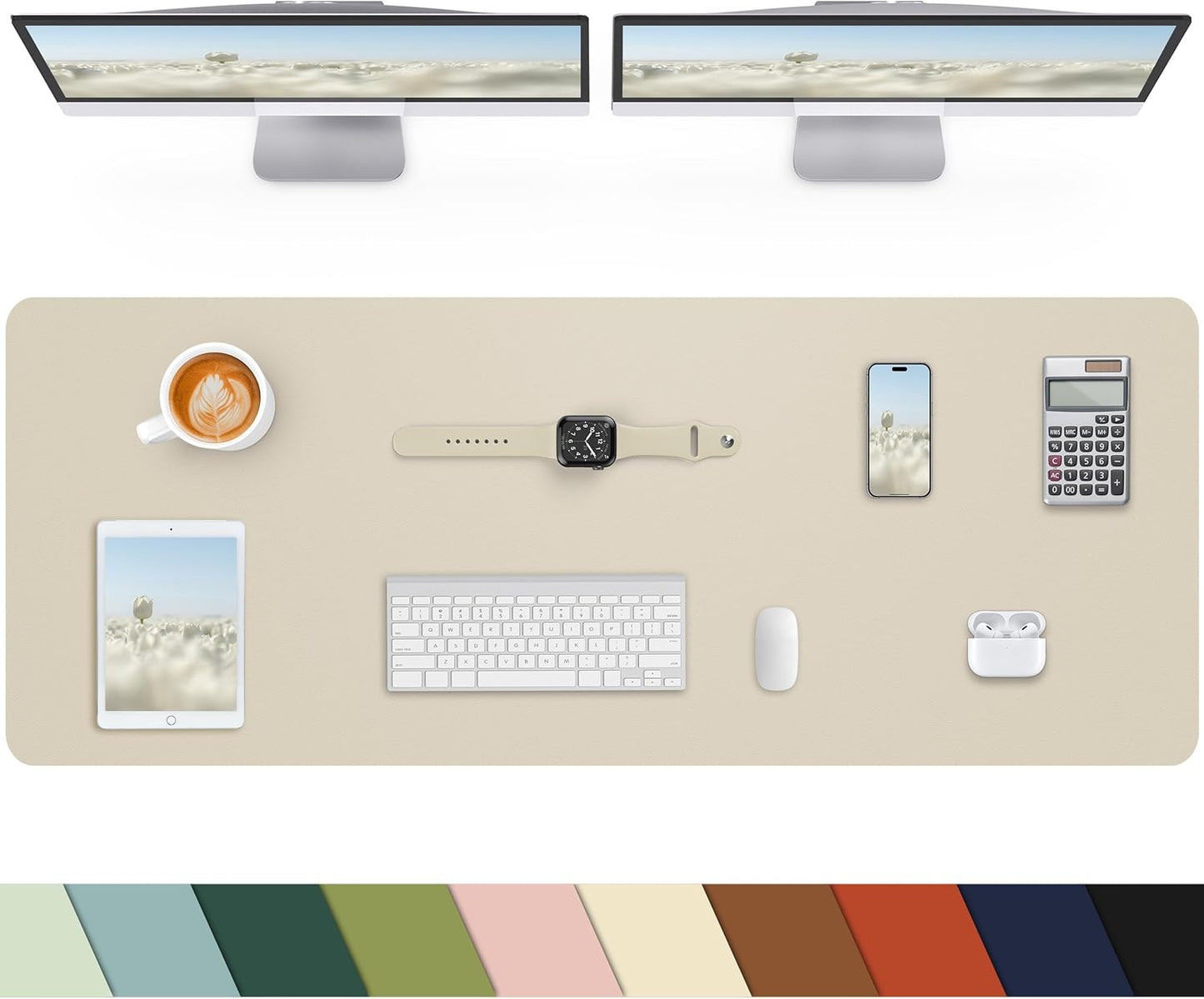 Leather Desk Pad Protector, Office Desk Mat, Large Mouse Pad, Non-Slip Desk Blotter, Laptop Desk Pad, Computer pad,Waterproof Desk Accessories for Office and Home(Beige, 48" x 17")